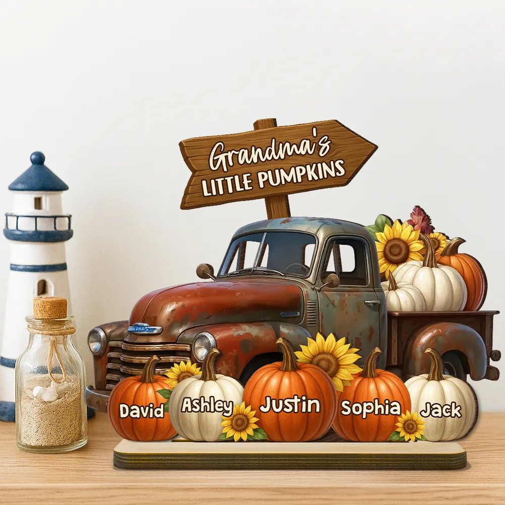 Grandma's Little Pumpkin Fall Truck Personalized Standing Wooden Plaque, Fall Decor for Grandma