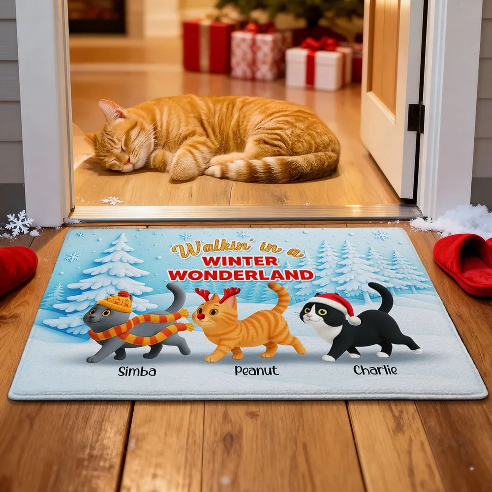 Cats Walking In A Winter Wonderland - Personalized Doormat
