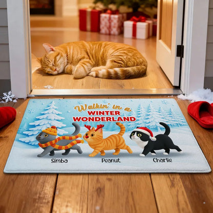 Cats Walking In A Winter Wonderland - Personalized Doormat