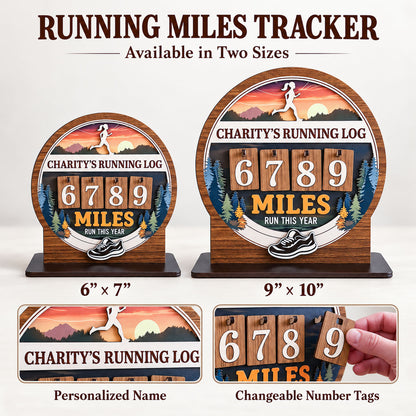 Personalized Running Miles Tracker Sign With Flat Base, Mountain Sunset Design, Holiday Gift for Runners