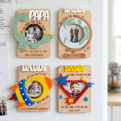 Personalized Playful Photo Holder Fridge Magnet, Custom Daddy Papa Picture Frame Magnet, Rocket Dinosaur Globe Design, Father’s Day Gift, Family Photo Keepsake