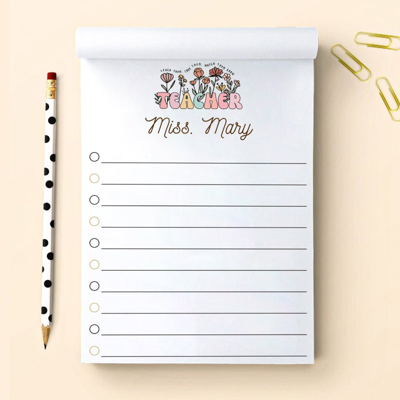 Personalized Name Teacher Notepad, Flower Notepad Style, Appreciation Gift For Teacher Principal Counselor