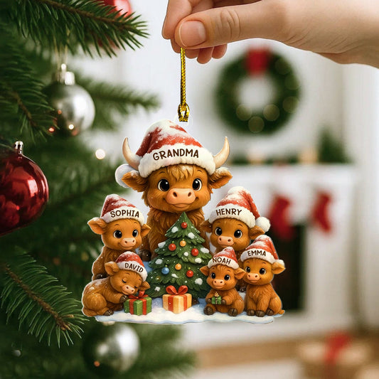 Personalized Christmas Grandma Cow Family On Truck Acrylic Ornament, Christmas Ornament Gift