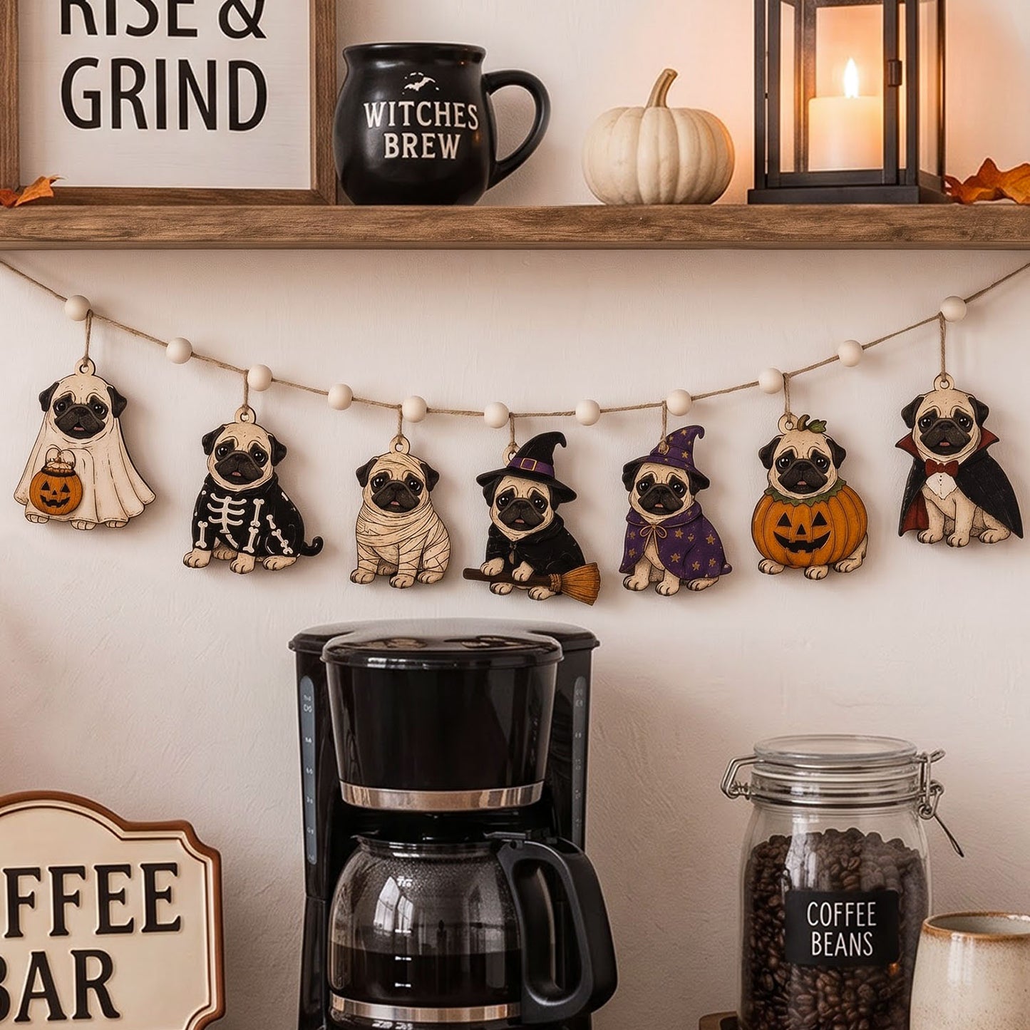 Halloween Pug Wooden Garland, Spooky Ghost Skeleton Witch Pug Garland, Halloween Mantel Fireplace Decor, Fall Bookshelf Decoration, Dog Lover Gift