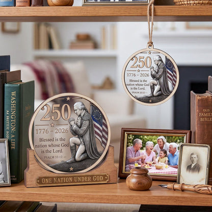 A decorative round hanging ornament and matching plaque on a wooden base, both featuring a kneeling figure, the year 250 1776–2026, and the text 'Blessed is the nation whose God is the Lord.' The ornaments are styled on a wooden shelf with books, a family photo frame, and small decor items in a home interior setting.