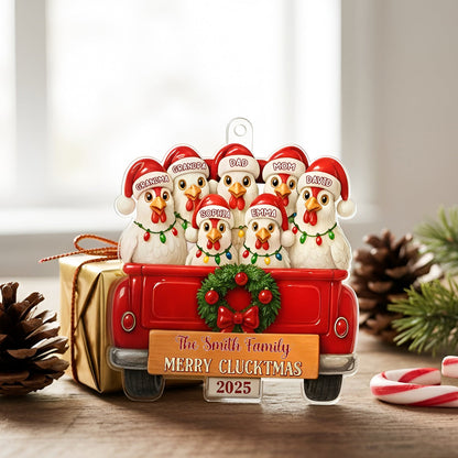 Merry Cluckmas Red Truck - Personalized Chicken Family On Truck Acrylic Ornament