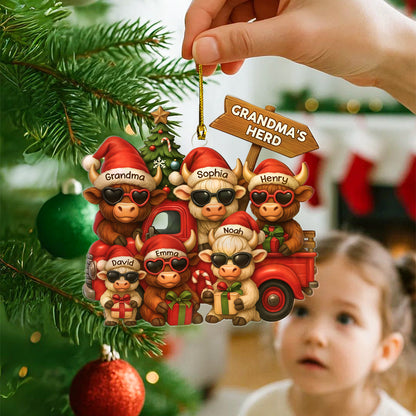 Personalized Christmas Highland Cow On Truck Acrylic Ornament, Family Christmas Ornament