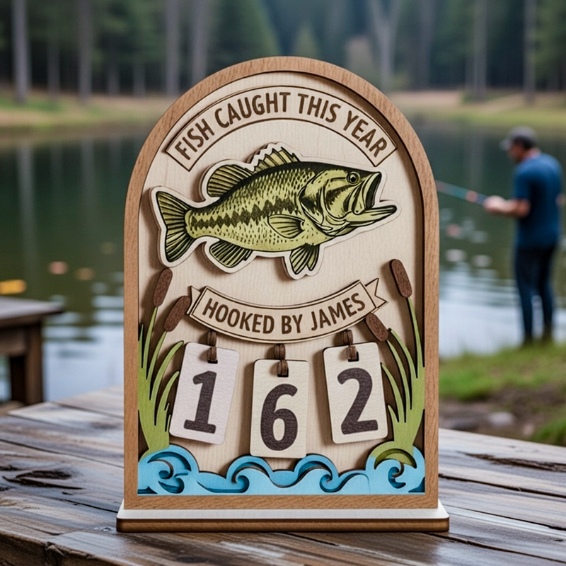 Decorative plaque with fish illustration and text 'Fish Caught This Year' on a wooden surface with a lake background.