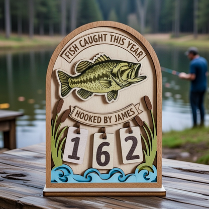 Decorative plaque with fish illustration and text 'Fish Caught This Year' on a wooden surface with a lake background.