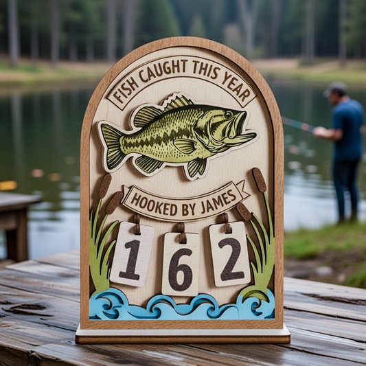 Decorative plaque with fish illustration and text 'Fish Caught This Year' on a wooden surface with a lake background.