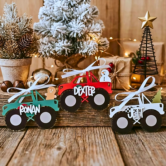 Personalized Monster Truck With Names Christmas Ornament, Kids Christmas Ornament, Holiday Monster Truck Bag Tag, Christmas Gift Tag