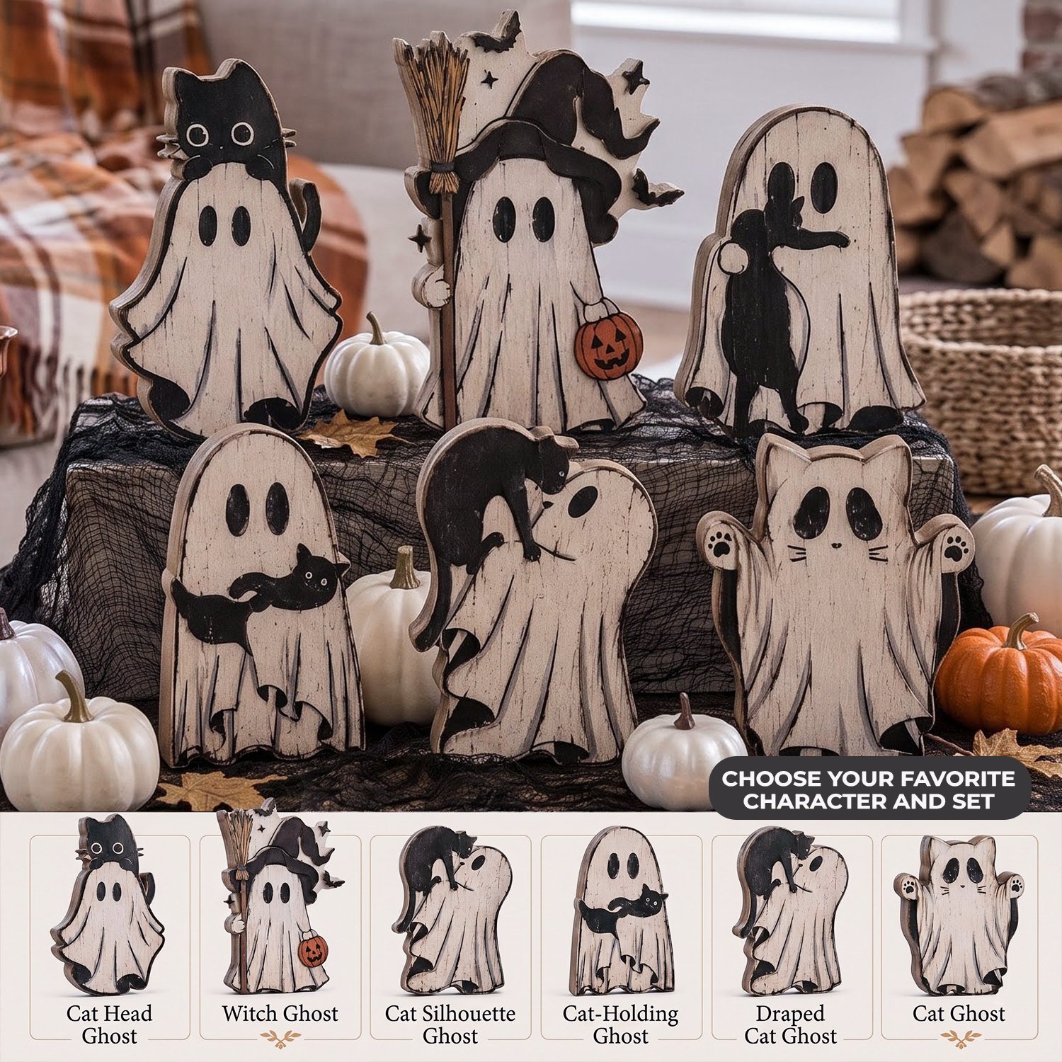 A set of carved wooden Halloween ghost decorations displayed on a black fabric stand, surrounded by small pumpkins. The top row shows five main ghost designs: Cat Head, Witch, Cat Silhouette, Cat Holding Pumpkin, and Draped.