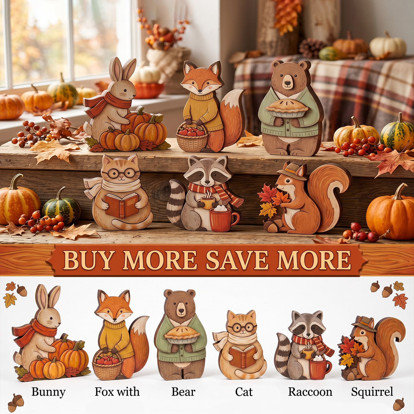 Cozy Fall Woodland Animal Wooden Block Sign, Autumn Shelf Decor Scene, Rustic Fall Home Decor