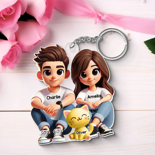 3D Effect Cute Couple And Dogs Cats Sitting Personalized Acrylic Keychain, Anniversary Gift, Valentine's Day gift