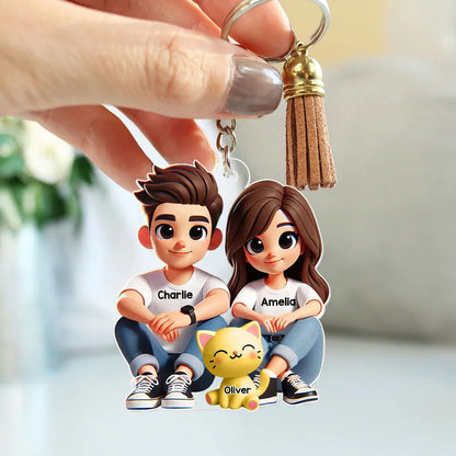 3D Effect Cute Couple And Dogs Cats Sitting Personalized Acrylic Keychain, Anniversary Gift, Valentine's Day gift