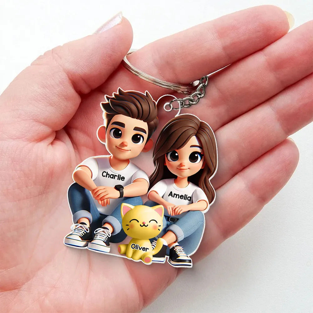 3D Effect Cute Couple And Dogs Cats Sitting Personalized Acrylic Keychain, Anniversary Gift, Valentine's Day gift