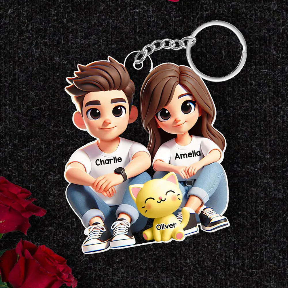 3D Effect Cute Couple And Dogs Cats Sitting Personalized Acrylic Keychain, Anniversary Gift, Valentine's Day gift