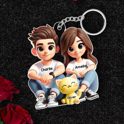 3D Effect Cute Couple And Dogs Cats Sitting Personalized Acrylic Keychain, Anniversary Gift, Valentine's Day gift