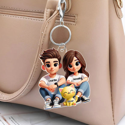 3D Effect Cute Couple And Dogs Cats Sitting Personalized Acrylic Keychain, Anniversary Gift, Valentine's Day gift