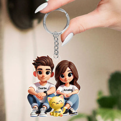 3D Effect Cute Couple And Dogs Cats Sitting Personalized Acrylic Keychain, Anniversary Gift, Valentine's Day gift